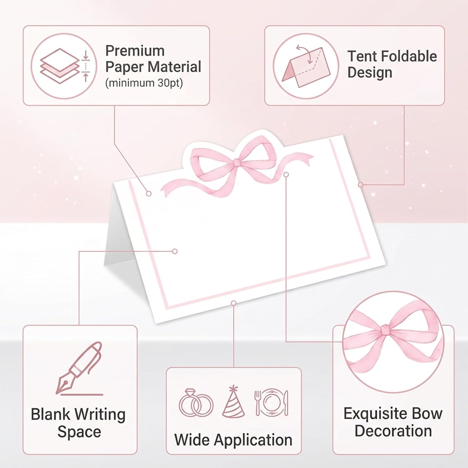 50 Pcs Bow Place Cards 2 x 3.5 Inch Cute Tent Name Cards with Blank Design for Wedding Birthday Party Banquet Table Setting Supplies