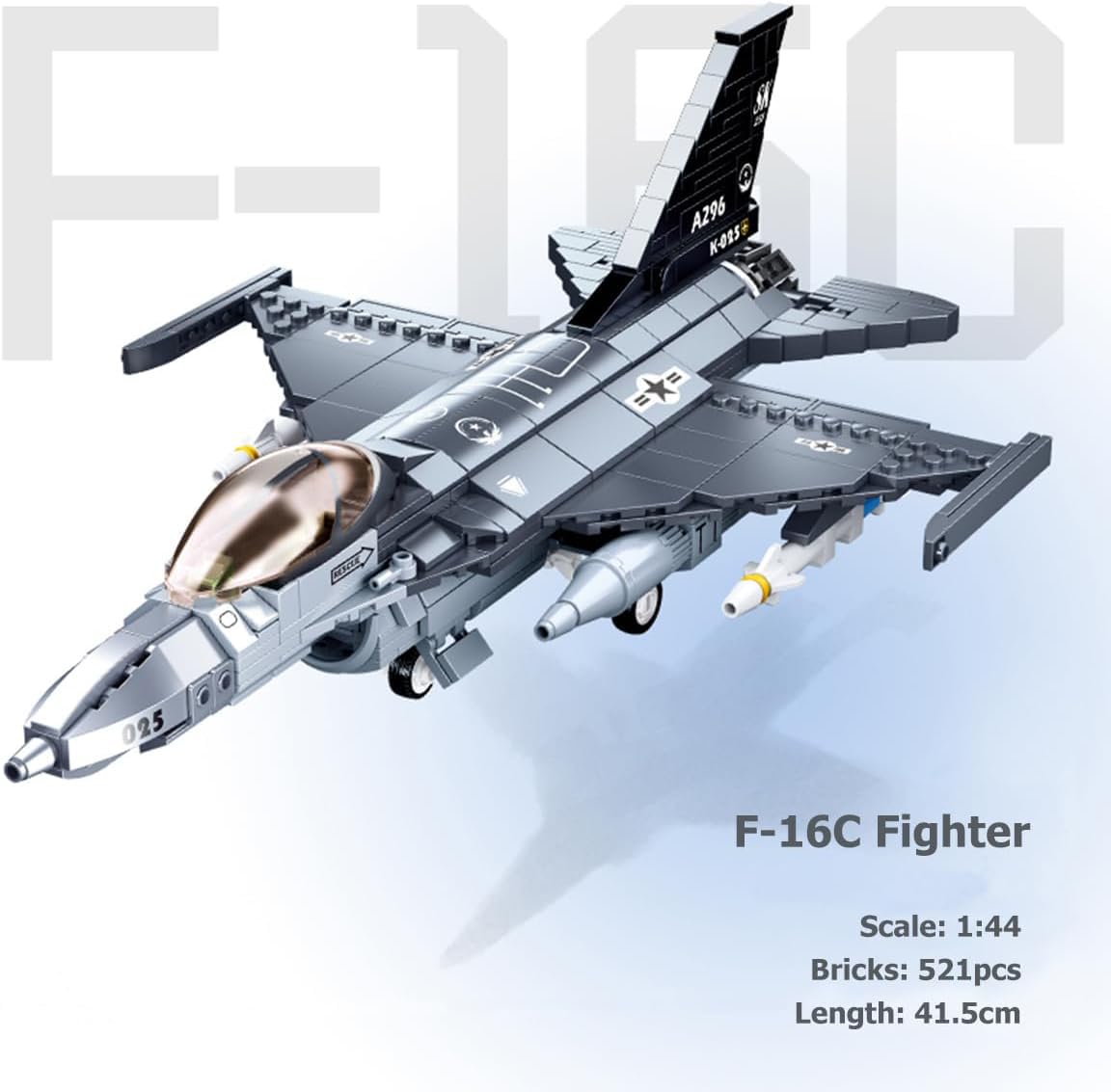 HIGH GODO Set di blocchi per costruzioni di aerei da caccia F-16C, modello Eurofighter scala 1:44 521 pezzi blocchi per costruzioni con morsetti per aerei da caccia della seconda guerra mondiale, comp