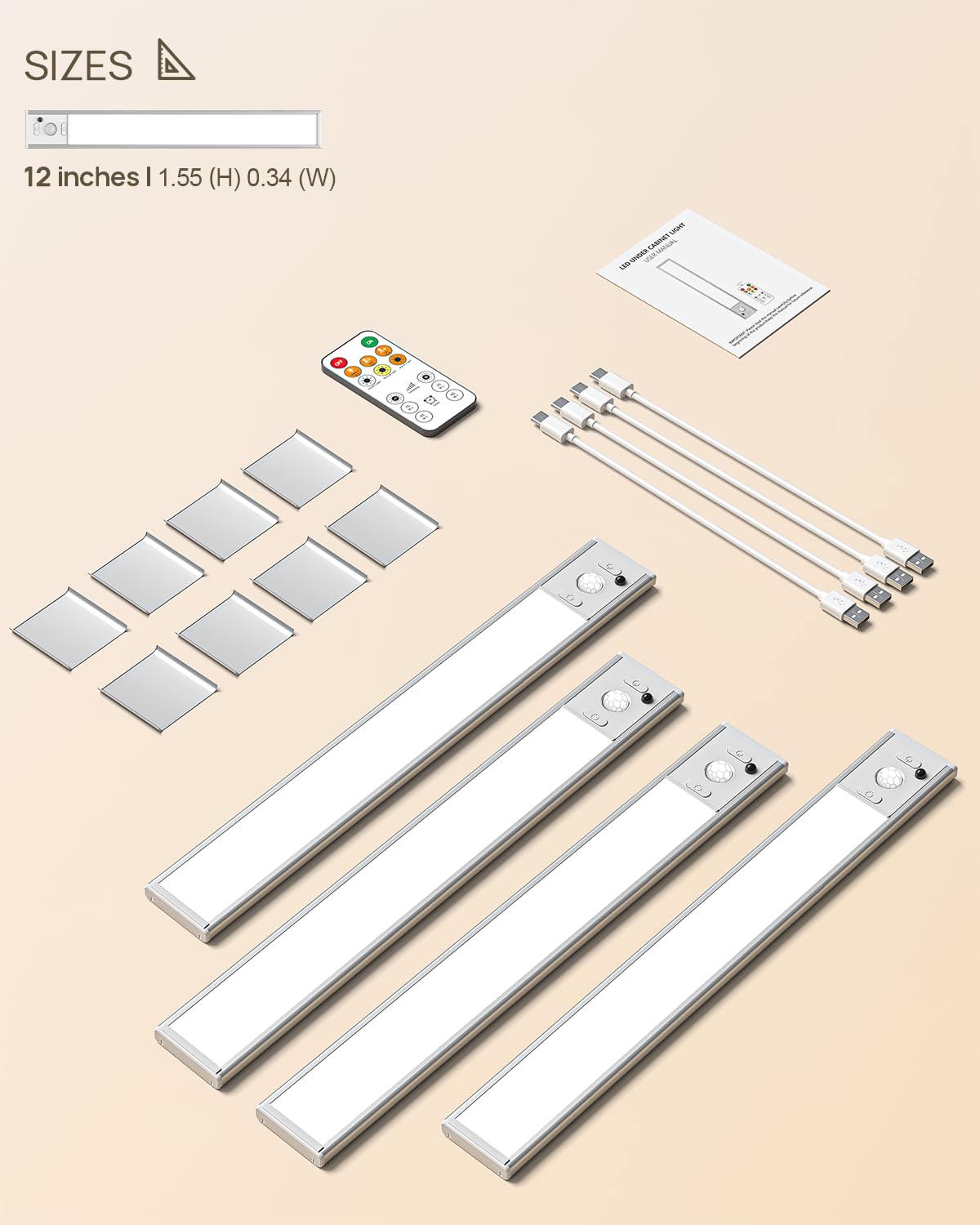 Unterschrankbeleuchtung mit Fernbedienung, 2500 mAh, wiederaufladbar über USB, Bewegungsmelder, 350 Lumen, LED-Schrankleuchten, 3 Farbtemperaturen, kabellose Unterbauleuchten für Küche, Speisekammer