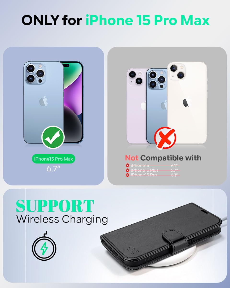 OCASE Compatible with iPhone 15 Pro Max Case Wallet Case, PU Leather Flip Folio Case with Card Holders RFID Blocking Kickstand Shockproof Phone Cover 6.1 Inch 2023, Black