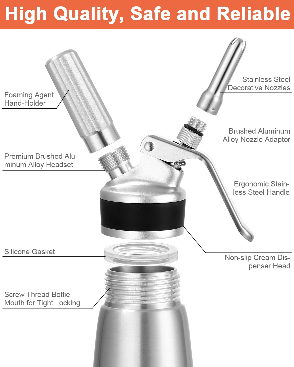 500ml Sahnespender, Sahnespender aus Aluminium, Sahnesyphon mit 3 Edelstahl Deko Düsen, 3 Kunststoffe Deko Düsen, 1 Kapselhalter, 1 Reinigungbürste und 1 Synopsis, für Schlagsahne, Creme, Mousse