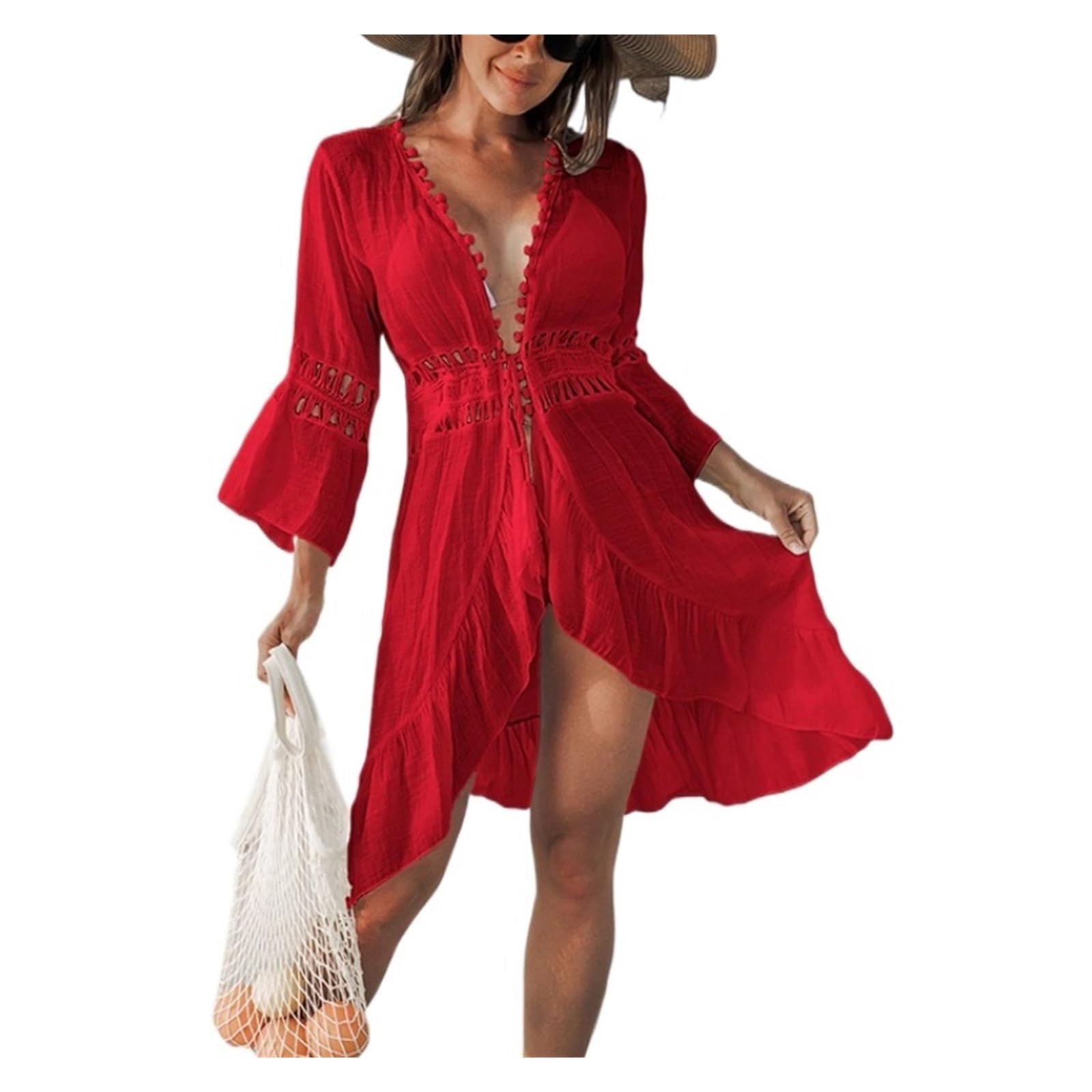 Femme Plage Cache-maillot de bain à lacets et boules de poils, chemisier long ajouré et ouvert sur le devant