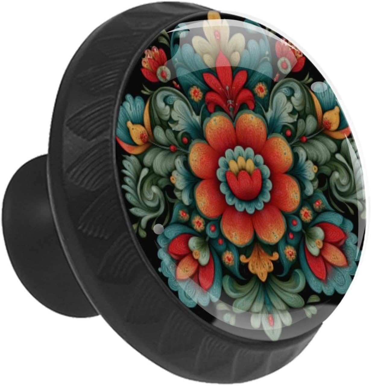 Black Round Norwegian Rosemaling Folk Style Flower (21) Dresser Knobs, Decorative Cabinet Pulls for Home Improvement, Durable Glass Hardware for Kitchen Bathroom