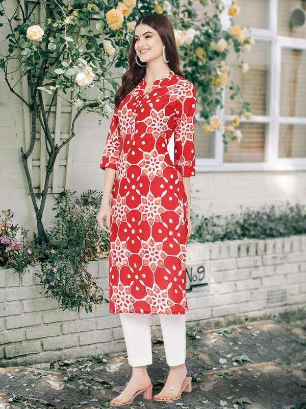 Image of Pinkmint Women Cotton Kurti ll Stright Printed Collared V Neck Kurta ll Stylish Regular Fit Kurti's (Pack of 01)