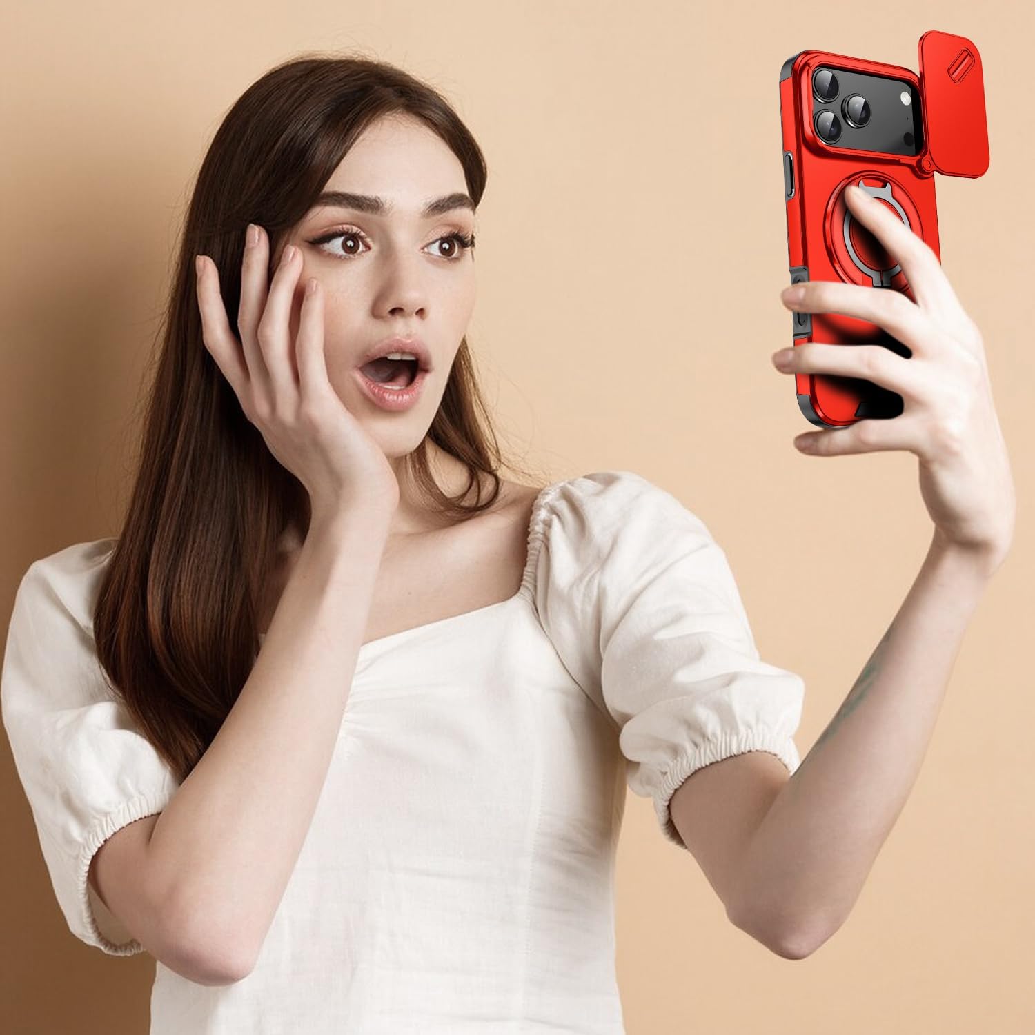 for iPhone 17 Pro Max Case,with Slide Camera Lens Cover+Finger Ring Holder Kickstand,Heavy Duty Shockproof Military Grade Protective Phone Cases (Red) - Image 6