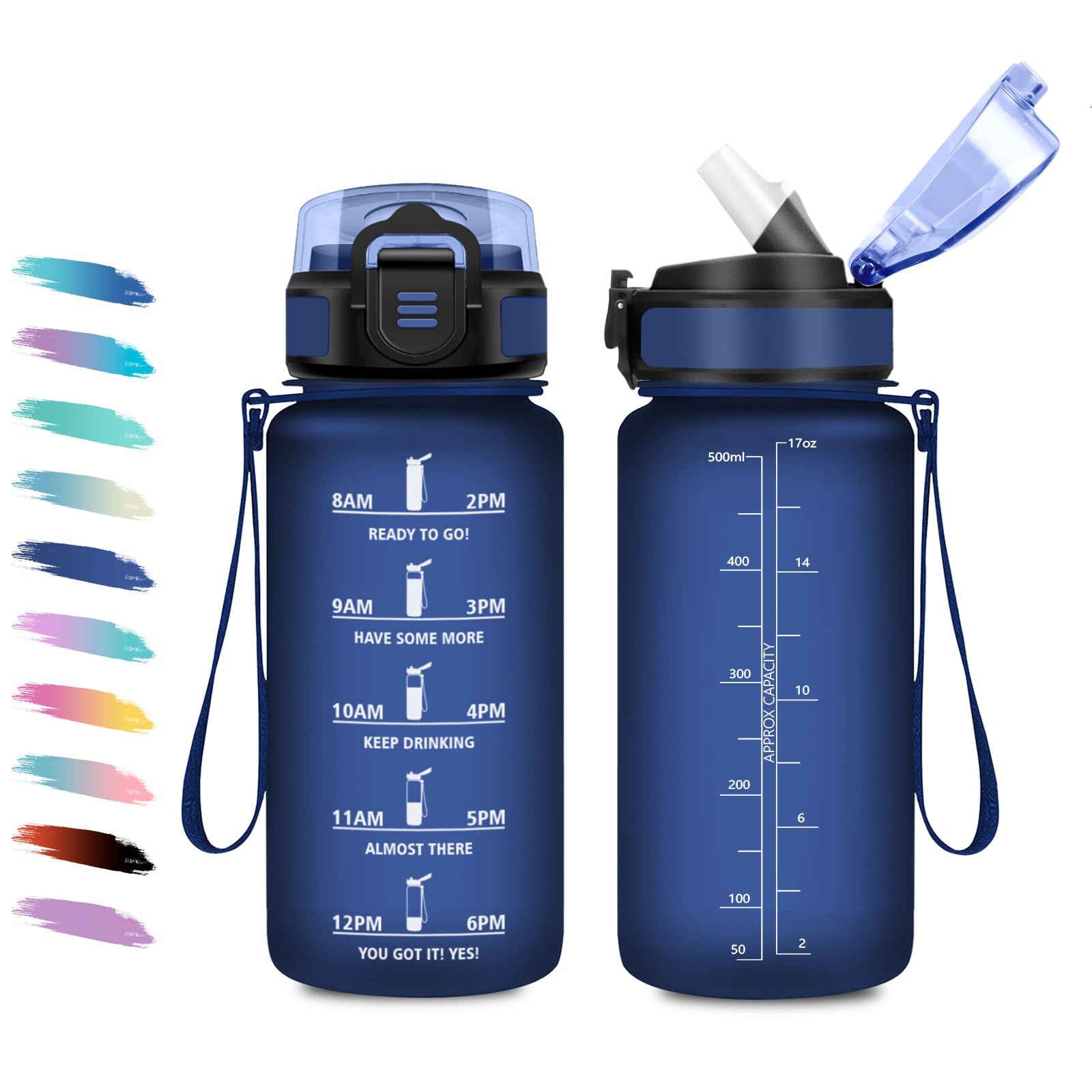KollyKolla 500ml Girls Water Bottle Leak Proof Motivational Bottle with Straw, Sports Water Bottle with Time Marker, Water Bottle for Kids, Camping, School, Office, Work