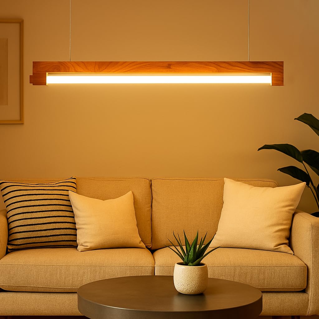 Artica Pine Wood Ceiling Lamp with LED Tube Light – Modern Wooden Ceiling Light Fixture for Home, Office & Kitchen Décor Cool White 20w