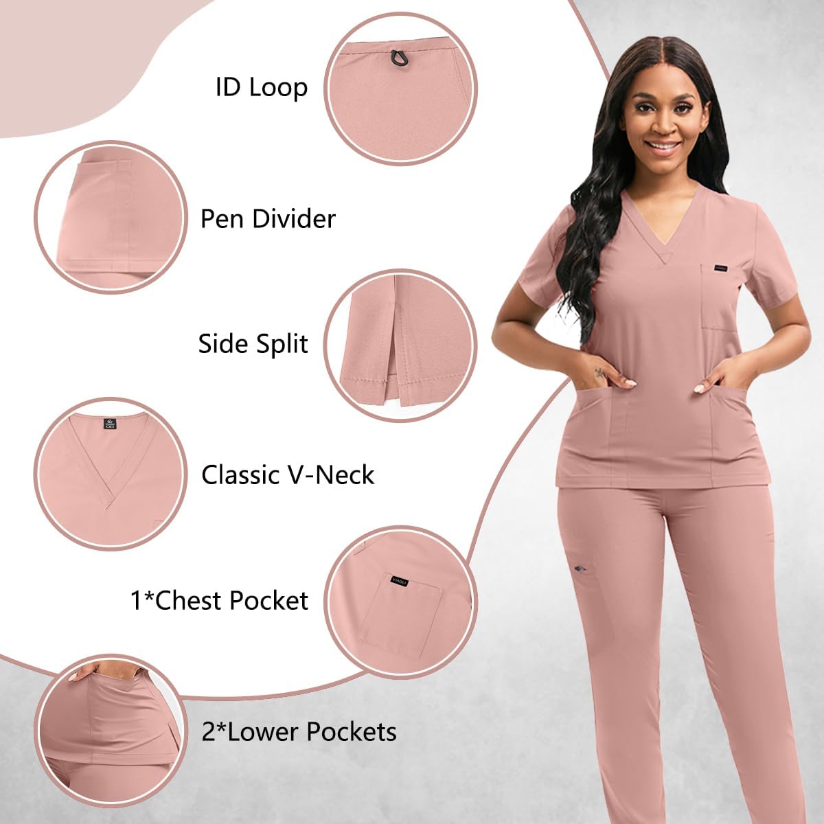 Scrubs for Women Set, Women's V-Neck Top & Jogger Scrub Pants, Nursing Uniform Scrubs Set with 8 Pockets, for Nurse Esthetician Workwear (Pink) - Image 4