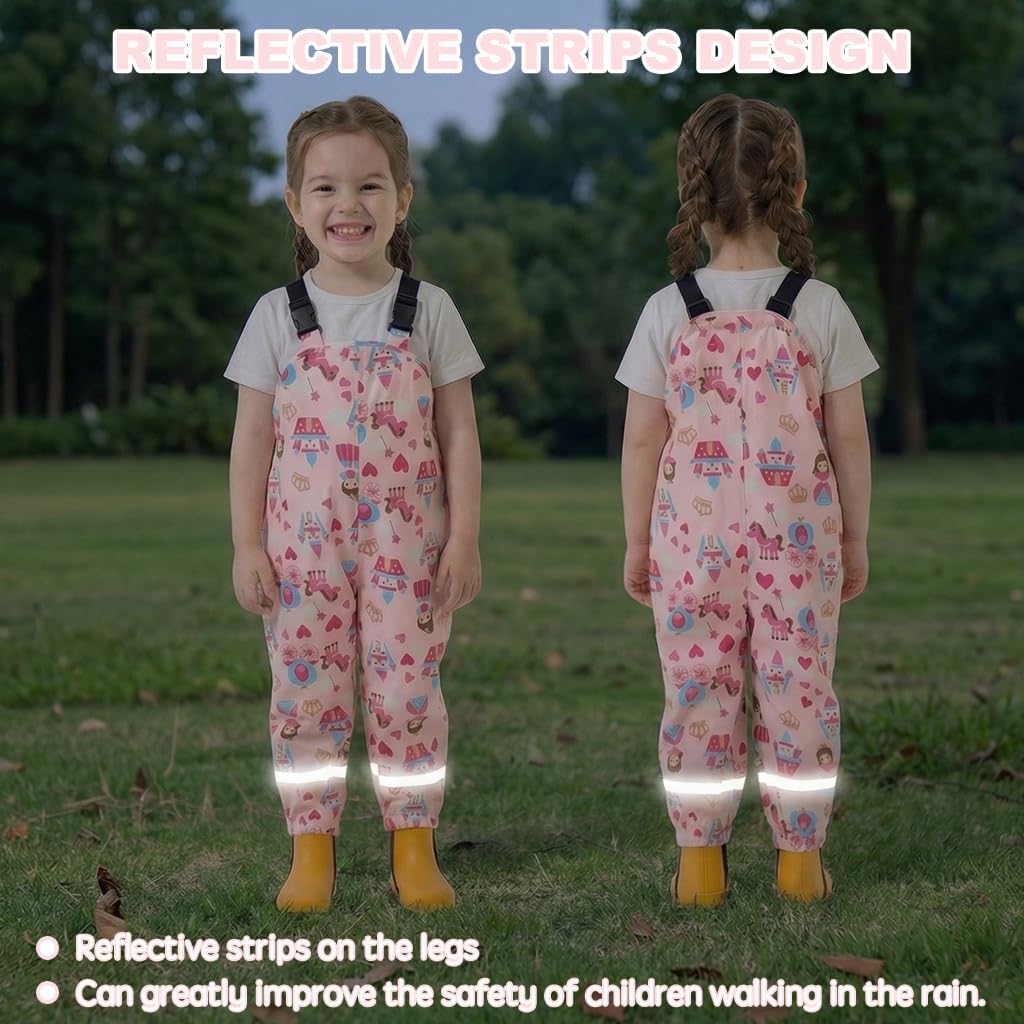 Toddler Waterproof Rain Bib Pants, Kids Cartoon Rain Pants Boys Girls Rain Trousers Lightweight Mud Pants