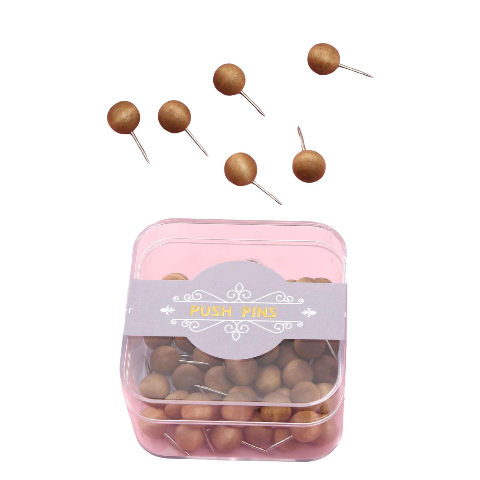Buxuaaaa Brown 50Pcs Simple Styles Cork Board Pins Wood Pushpin Wood & Metal Push Pins Simple Installation For Long Service Use Bulletin Board