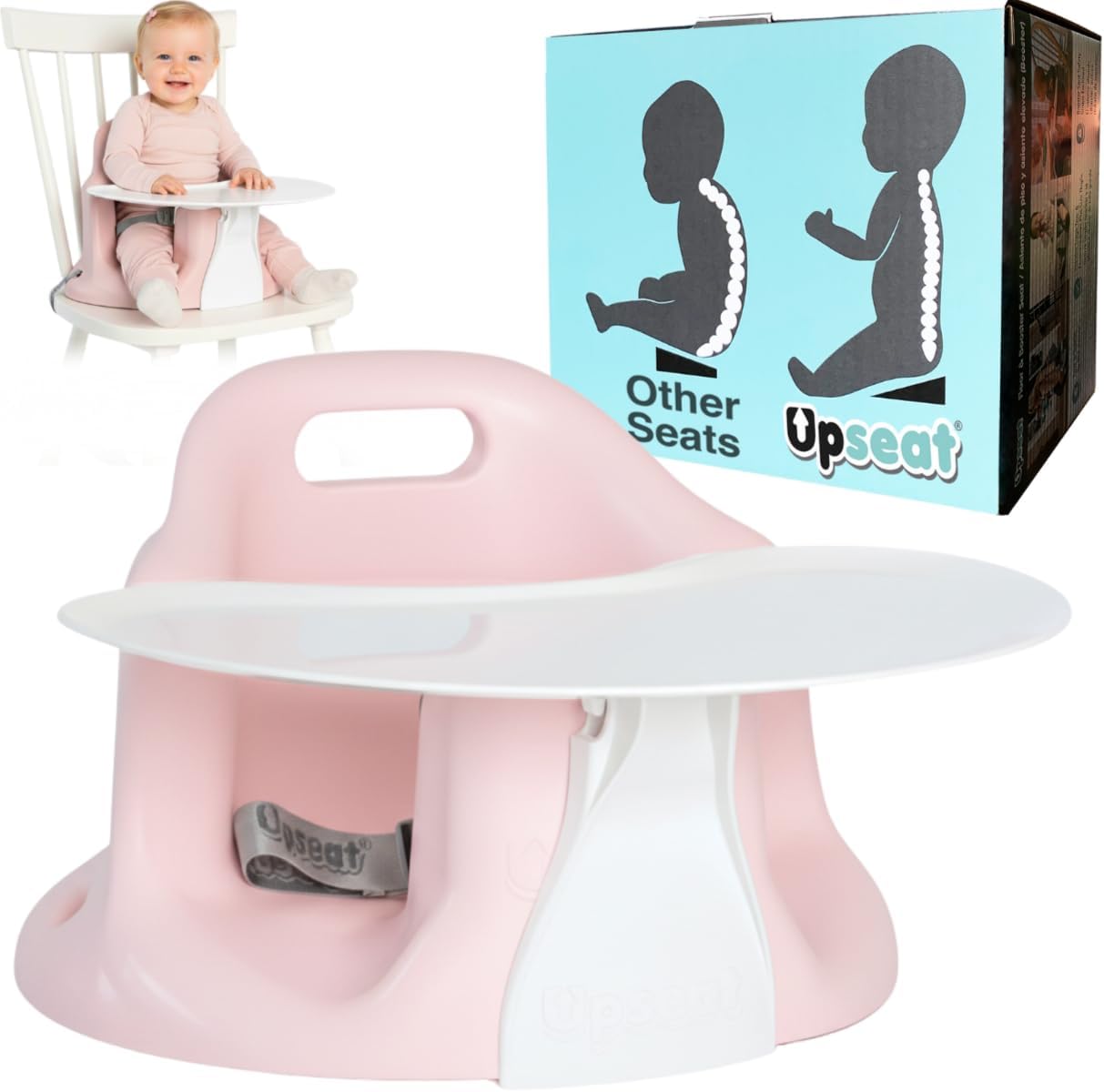 Upseat Baby Chair Booster Seat with Tray Developed with Physical Therapists Pink