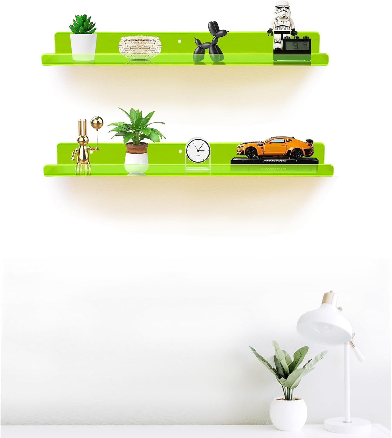 ROYALITA 24 Inches Acrylic Floating Book Shelves Wall Mounted Set of 2, Wall Hanging Plant Display Shelves, Room Decor Floating Wall Shelves for Gaming Room, Bedroom, Living Room, Office, Gree