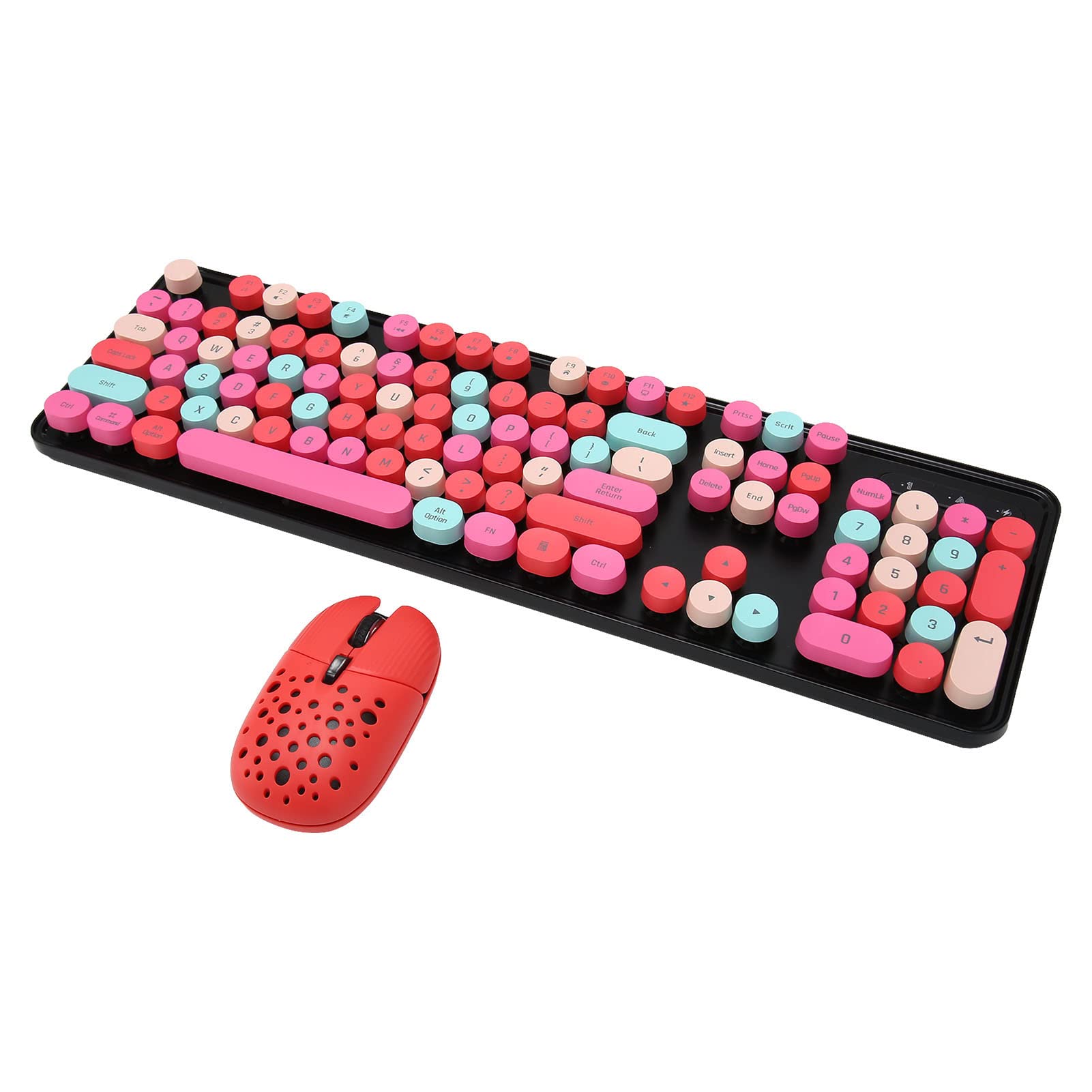 Bewinner 104Keys Retro Wireless Keyboard and Mouse Combo, 3 DPI Adjustable Cute Typewriter Keyboard with Round Keycaps, Mixed Color Keyboard Mouse Set for Laptop, PC, (Mixed Color Mixed Color Red