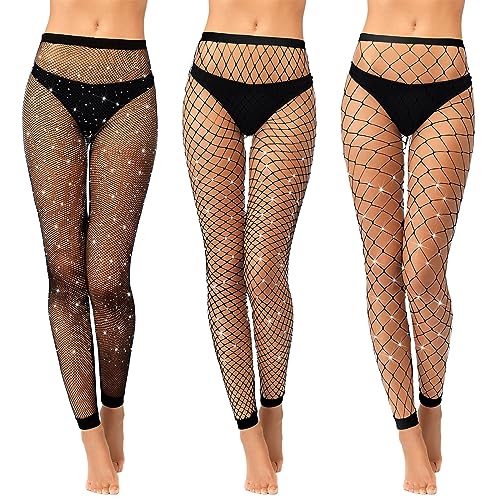 Geyoga 3 Pcs Fishnet Footless Tights Women Glitter Fishnet Stockings High Waist Footless Tights Leggings