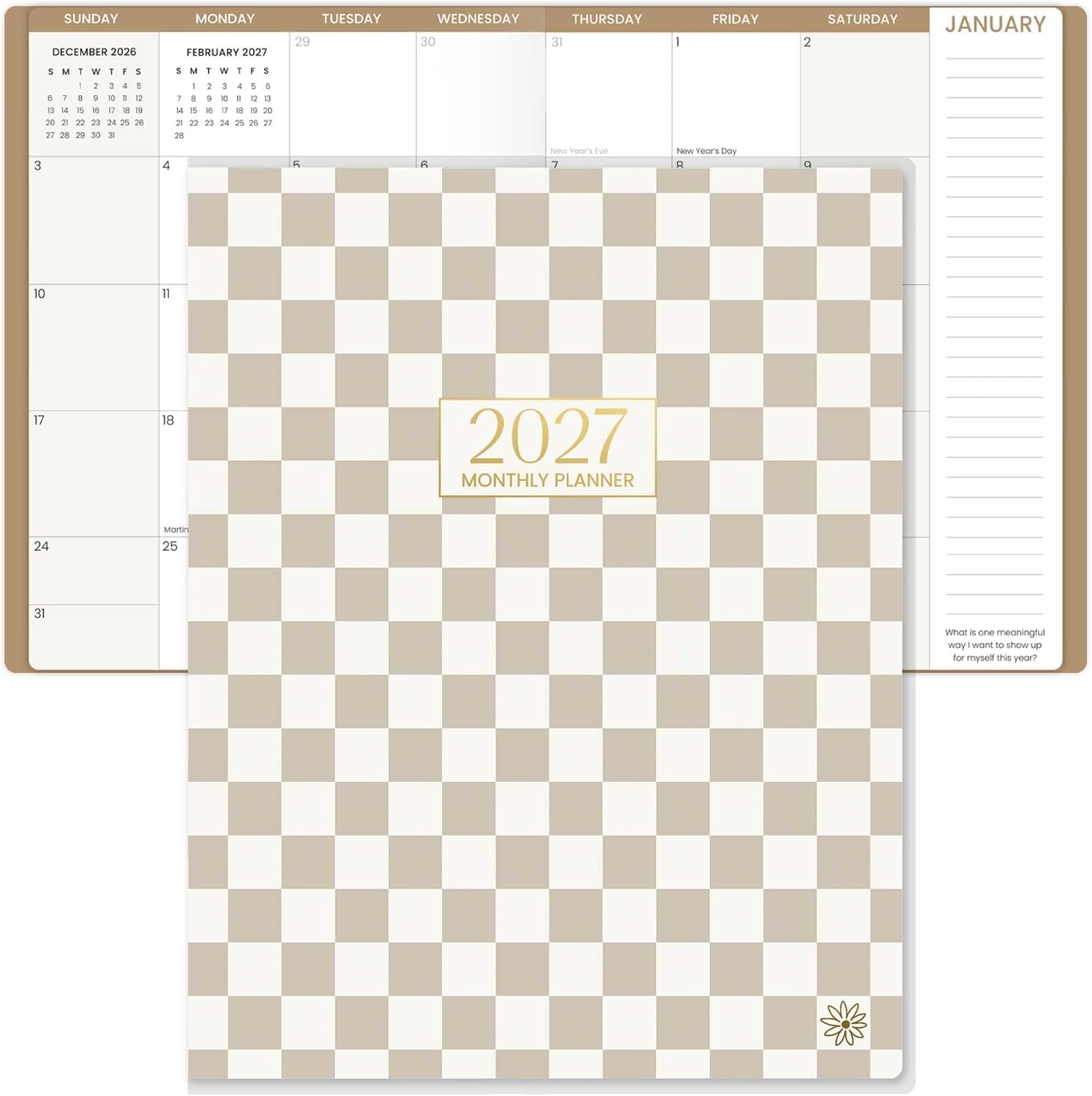 bloom daily planners 2027 Monthly Planner Calendar Book (January 2027 - December 2027) - Large 9” x 12” Floral Agenda Schedule Organizer - Checkered, Café