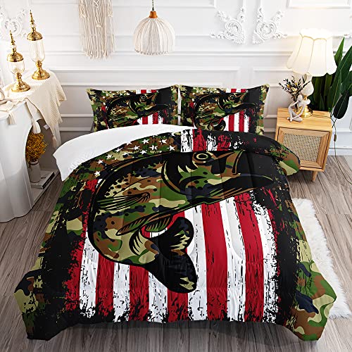 Suncloris Striped Bass Fish Comforter, Camouflage American Flag Bedding Bedspread For Girls Boys Teens, Red Geometry Stripes Quilt Bedroom Decor With 2 Pillow Cases (03, Queen) #TOP22