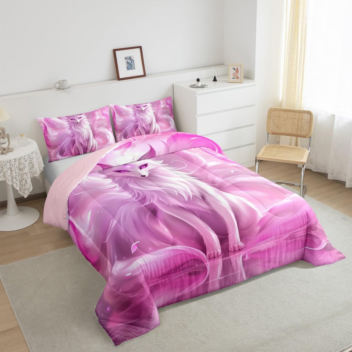 Erosebridal Arctic Fox Queen Comforter Set Nine Tailed Fox Bedding Set, Mythical Animals Down Comforter Jungle Wildlife Magical Quilt