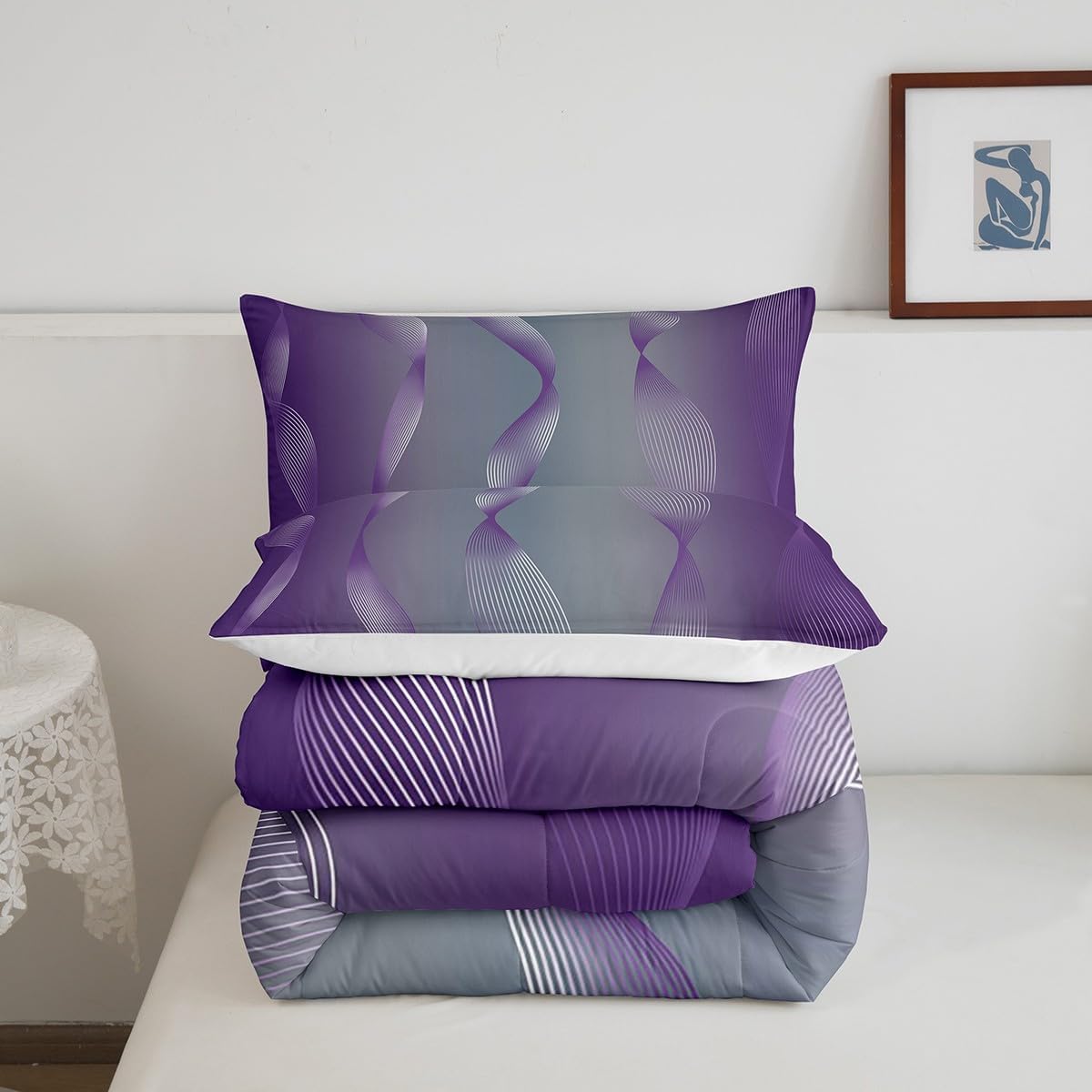 Erosebridal Gradient Grey and Purple Bedding Set Ombre Comforter Set for Girls,Spiral Silver Print Wave Striped Pattern Queen Quilt,Abstract Art Room Decor Aesthetic