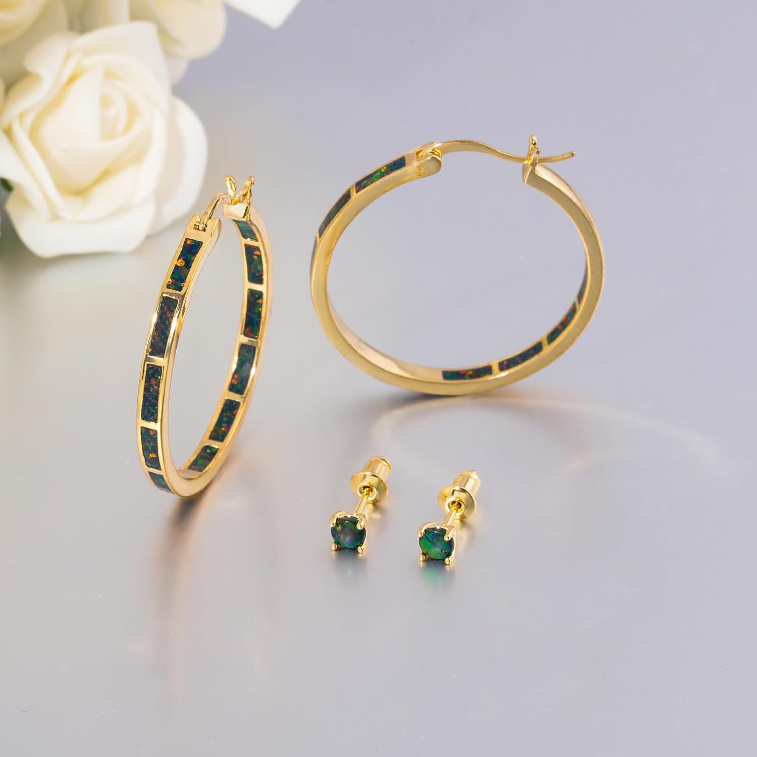 CiNily Opal Hoop Earrings,Women Jewelry Rhodium Plated/Rose Gold or Yellow Gold Plated Gemstone Big Hoop Earrings 32mm