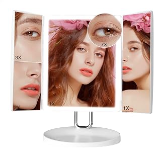 TOUCHBeauty LED Trifold Makeup Vanity Mirror with 34PCS Lights and Magnification 1X/2X/3X/7X Touch Screen Personal Cosmetic Mirror Rechargeable Dual Power Supply 1971
