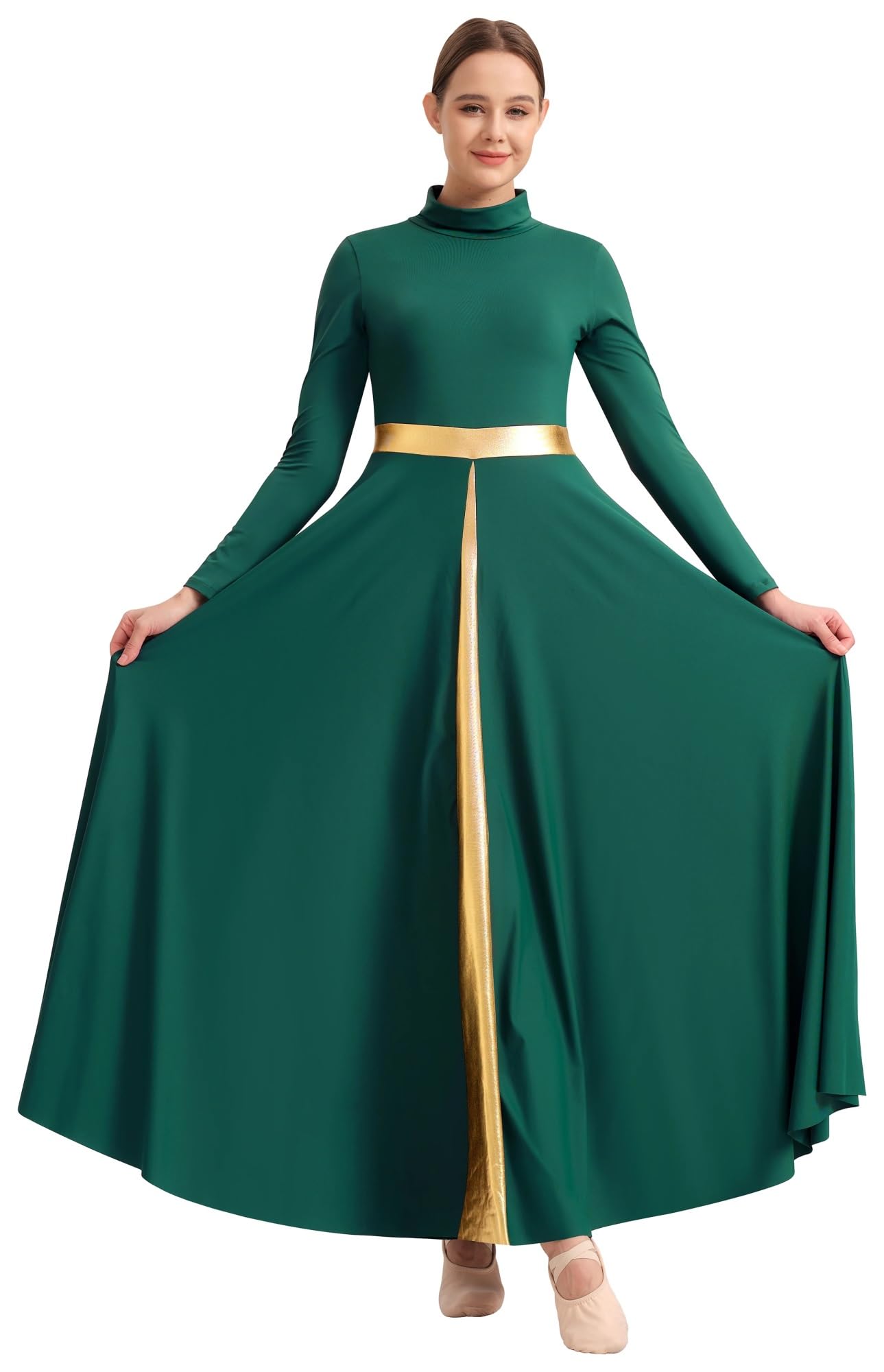 OJEVMLFVQ Praise Dance Dress Women's Praise Dance Dress Metallic Waistband Long Swing Liturgical Worship Church Robe(Green,XL) : Clothing, Shoes & Jewelry