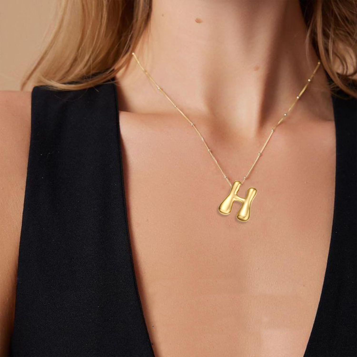VOJO Bubble Letter Necklace for Women Initial Trendy Pendant Necklaces Jewelry,14k Gold Plated Balloon Chunky Letters Charm for Women - Image 3