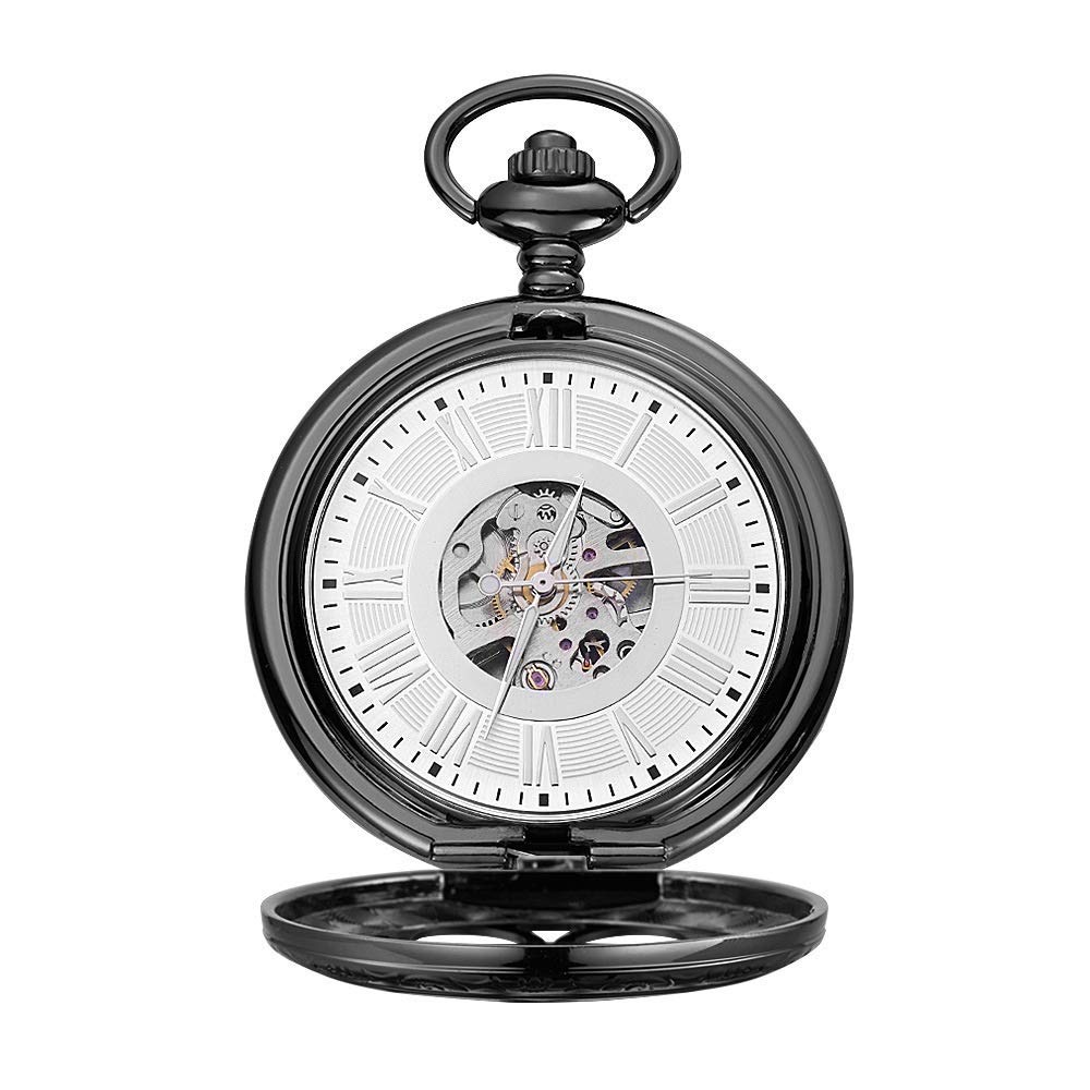 Montre mécanique de poche noire avec chiffres romains et cadran creux