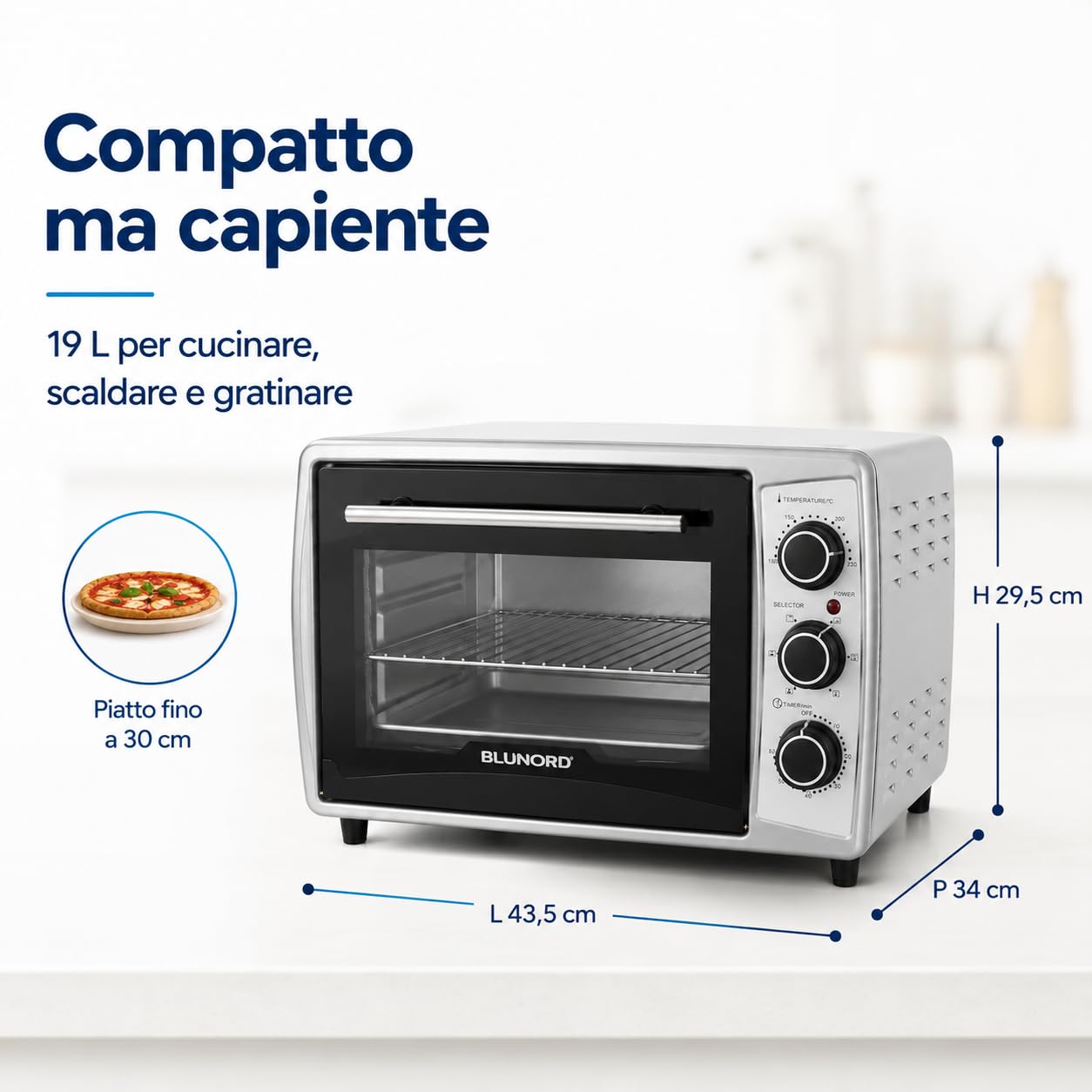 BLU F19 PLUS Forno Elettrico Ventilato 19 L, 1380 W, Grill 800 W, Timer 60 Min, Termostato 100-230 °C, Doppio Vetro, Leccarda, Griglia e Vassoio Briciole, Nero/Silver