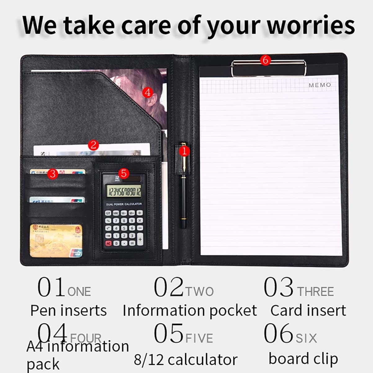 organizer folio per documenti, Custodia portfolio Cartella for conferenze in pelle A4 Cartella portfolio A4 con blocco for appunti Porta biglietti da visita for uomini e donne for conferenze di interv