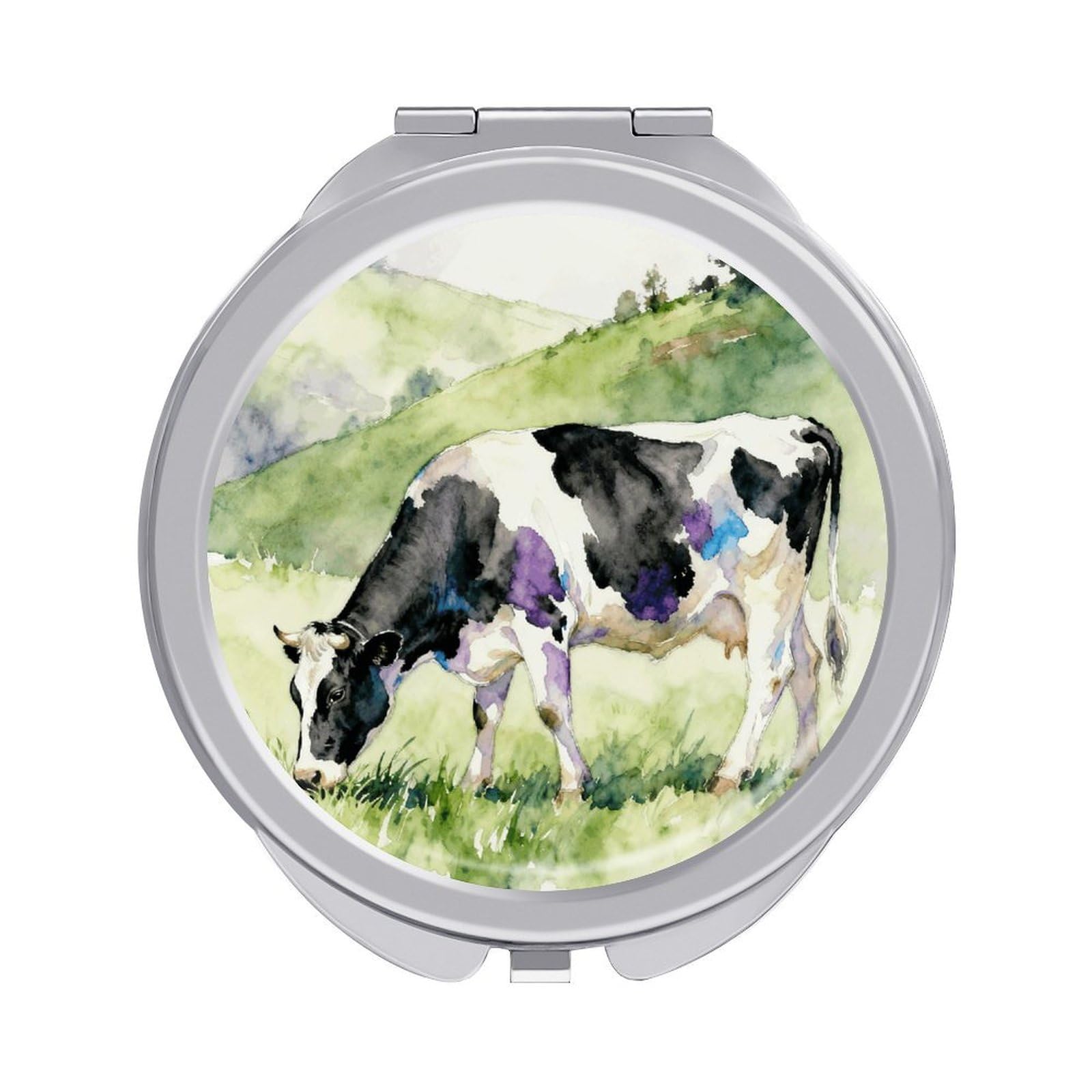 LZQPOEAS Cows Grazing Leisurely Compact Mirror, Double-Sided Folding Makeup Mirror, Durable Metal Travel Pocket Mirror for Purse, Portable Round Touch-Up Mirror for Table Gifts and Everyday Use