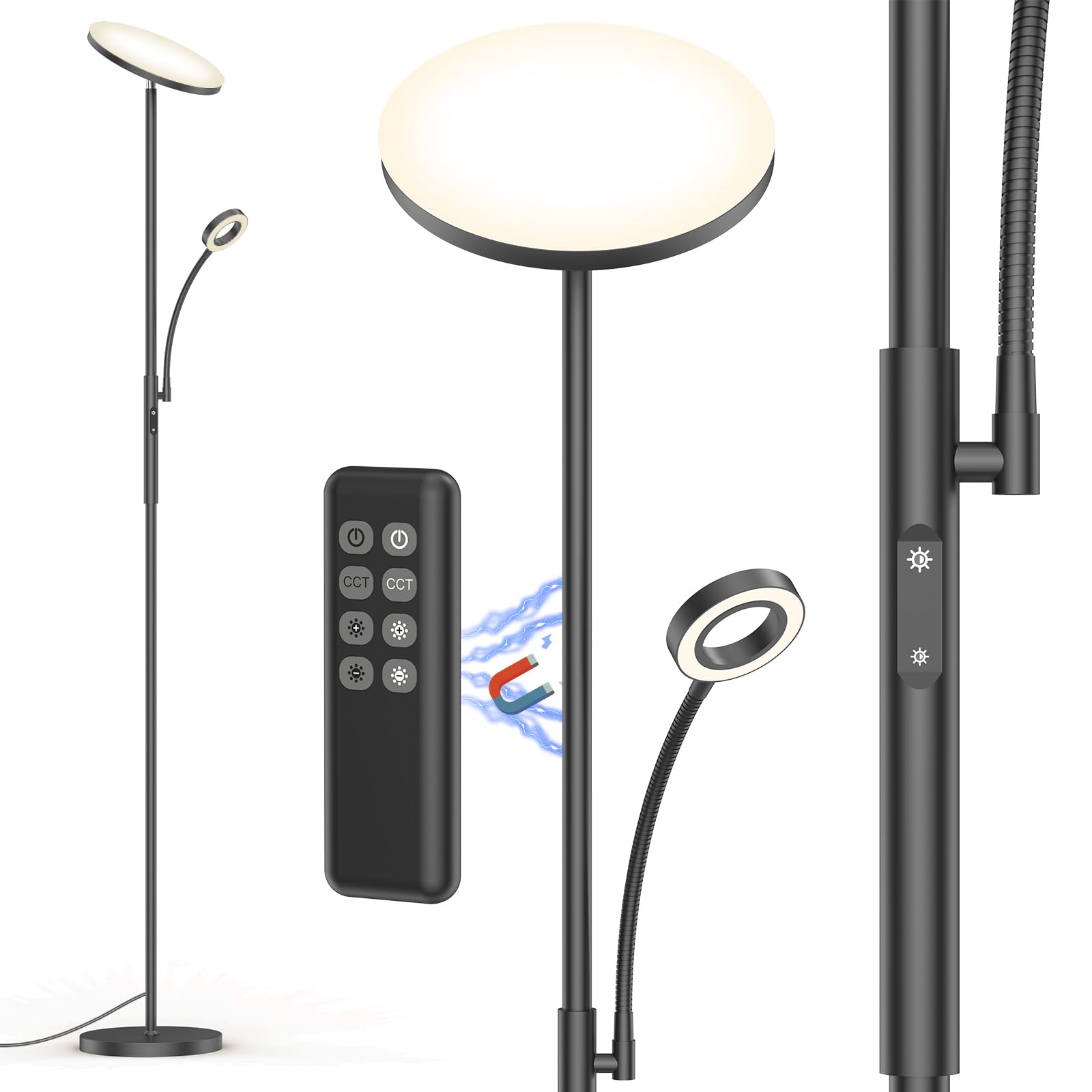 Amdelne Lampara de Pie LED, 30W+5W 4200lm Lámpara de Pie Salon con Control Remoto & Táctil & 1H Timer, 3000-6000K Lámpara Pie Regulable con 6 Modos, Lampara Pie Lectura para Dormitorio, Oficina, Negro