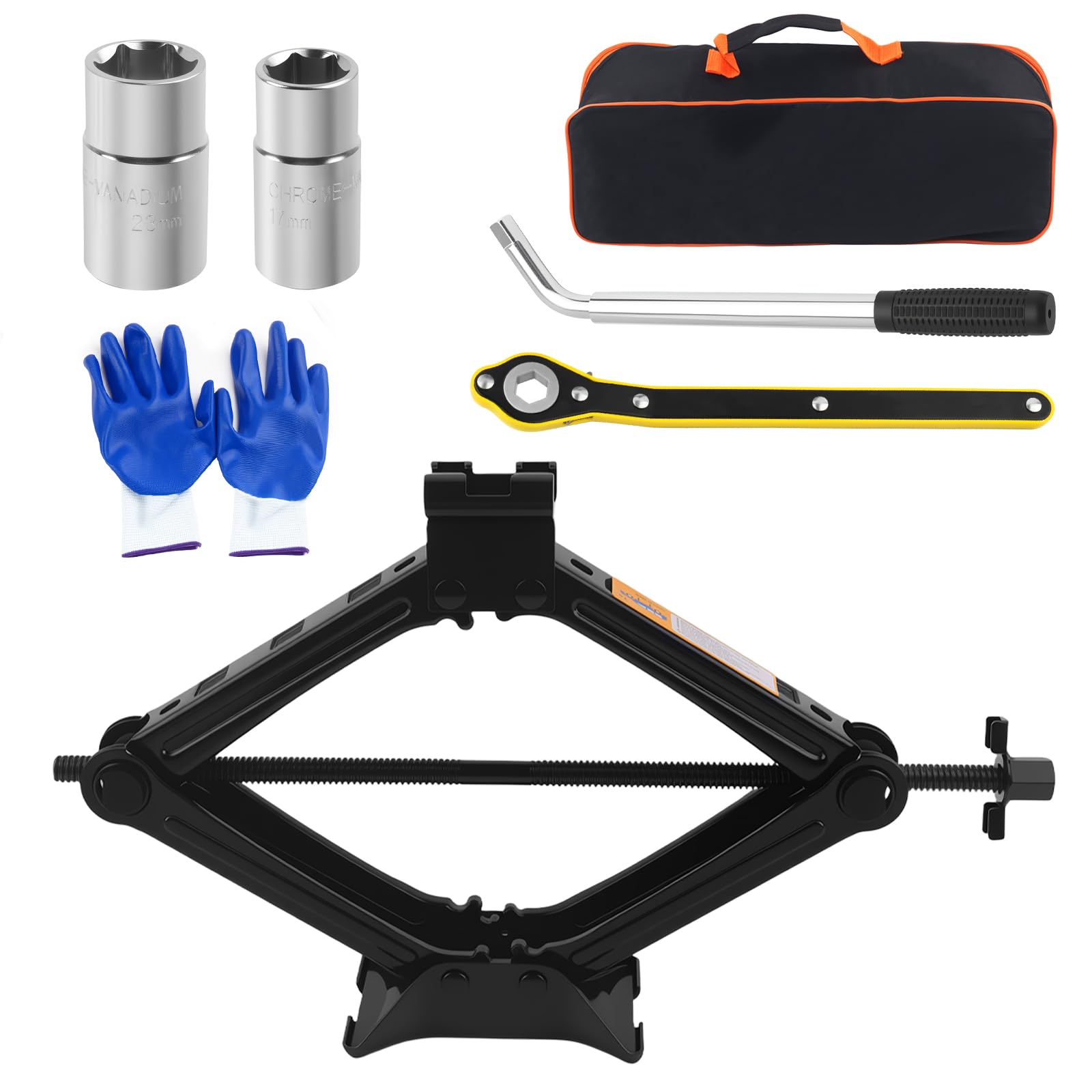 Cric a forbice da 2 tonnellate per auto, resistente, kit portatile per auto, include maniglia, chiave a forbice, chiave a capocorda, kit di emergenza professionale per pneumatici per auto