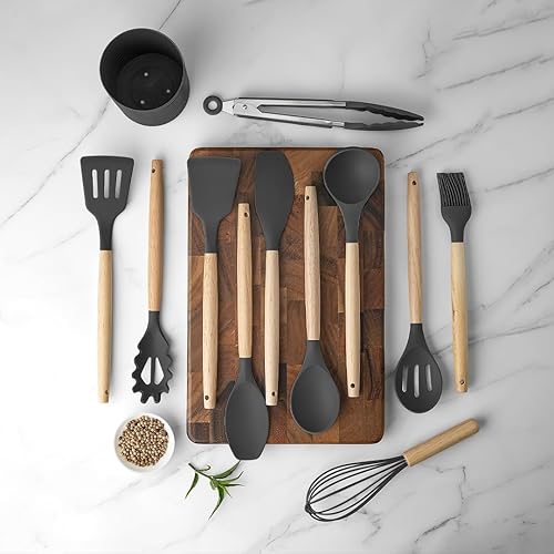 Miniatura 3 de KSENDALO Juego de utensilios de cocina de silicona pequeños de 12 piezas con soporte, herramientas de cocina negras con mango de madera, utensilios