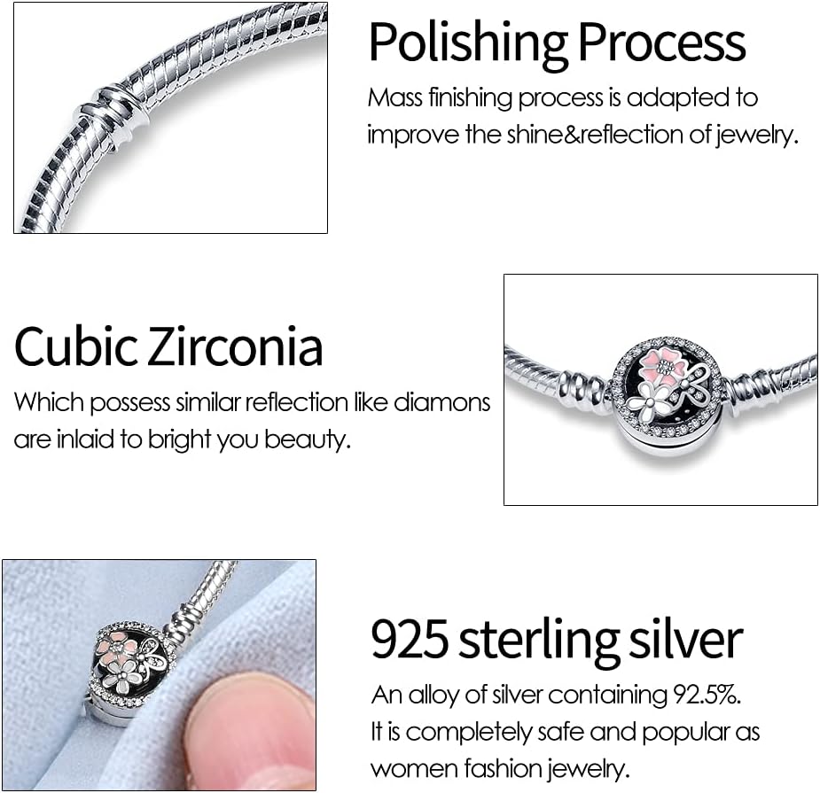 TINSLO 925 Sterling Silver Snake Chain Bracelets Fit Pandora Charms,Heart Clasp Bracelets Perfect For Any Glamour Gift for Women with 5 A Cubic Zirconia - Image 4
