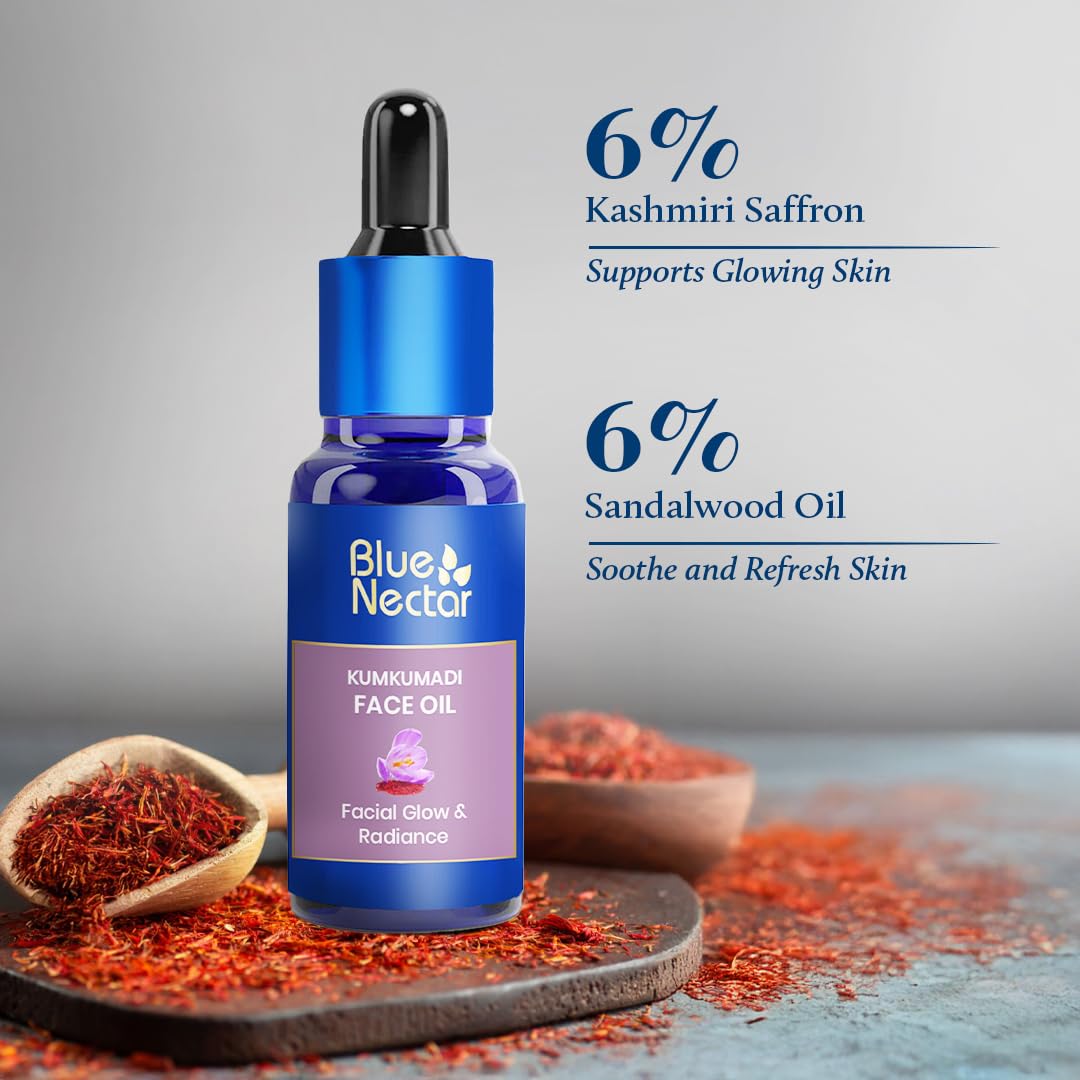 Blue Nectar Kumkumadi Oil for Face | Ayurvedic Anti Aging serum for appearance & Radiance | Saffron & Sandalwood Kumkumadi Tailam Face Oil for Glowing Skin for Women & Men (26 Herbs, 0.33 Fl Oz) - Image 2