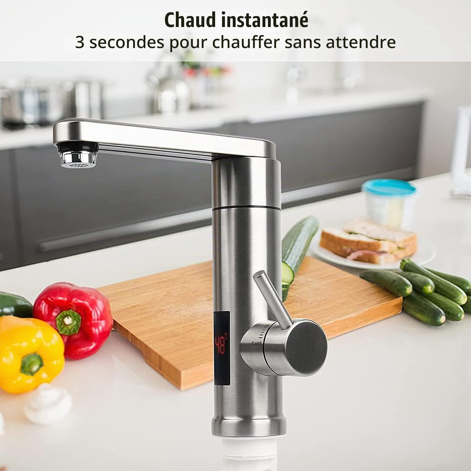 Robinet Chauffant Instantané 3000W 220V en Acier Inoxydable 304, Cuisine Chaude et Froide Réglable, 360° Rotatif pour Cuisine Bar Salle de Bains, Affichage LED