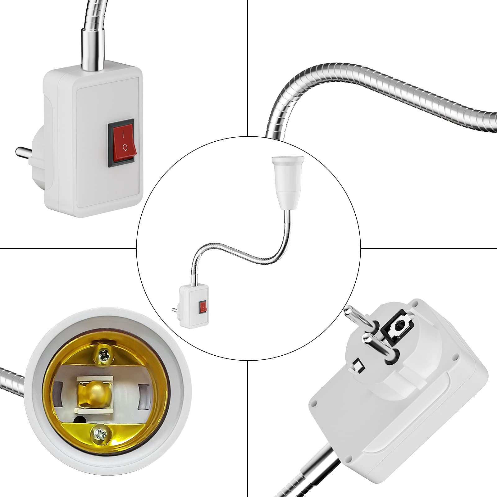 Portalampada con interruttore, 2 pezzi portalampada con cavo flessibile per lampadine LED E26/E27, AC 230 V, lampada da cucina, lampada da lettura, lampada da parete, senza lampadina (20 cm)