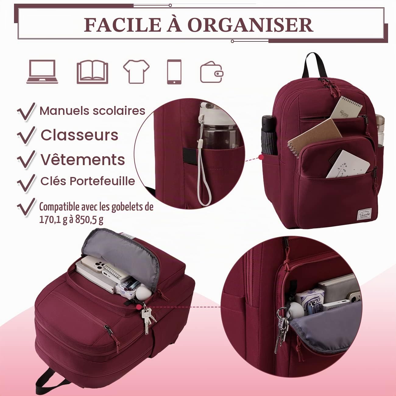 VASCHY Sac à Dos 2 Compartiments, Sac College et Ordinateur Léger Imperméable Grande Capacité pour Adolescent, École, Travail, Voyage