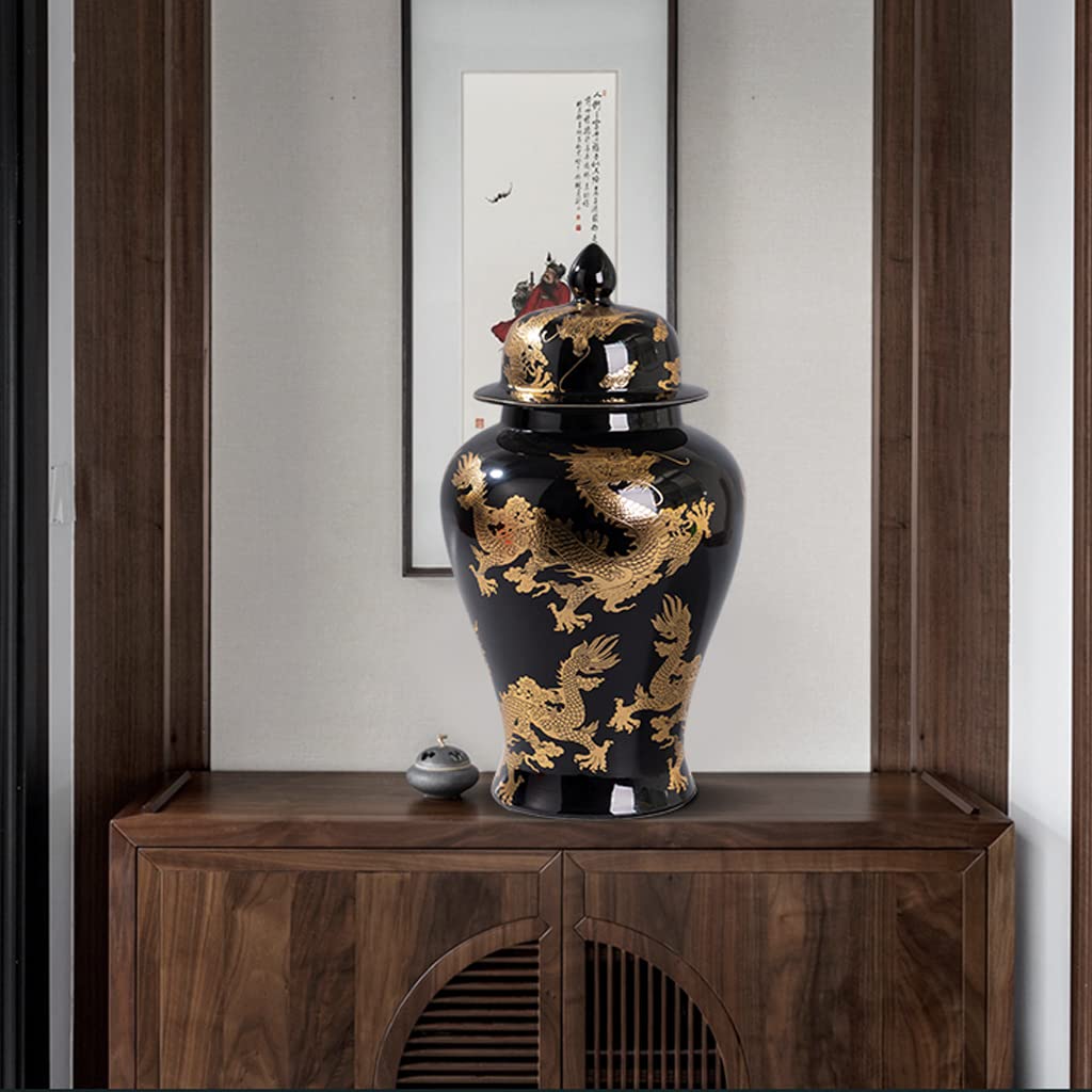 ZHOUXIAO Chinesische Tradition Ingwerglas-Vasen mit Deckel und goldenem Drachenmuster, Porzellanglas, große Keramik-Tempelglas-Vase, Handwerk mit Deckel, dekorativ für Heimdekoration, Schwarz, M