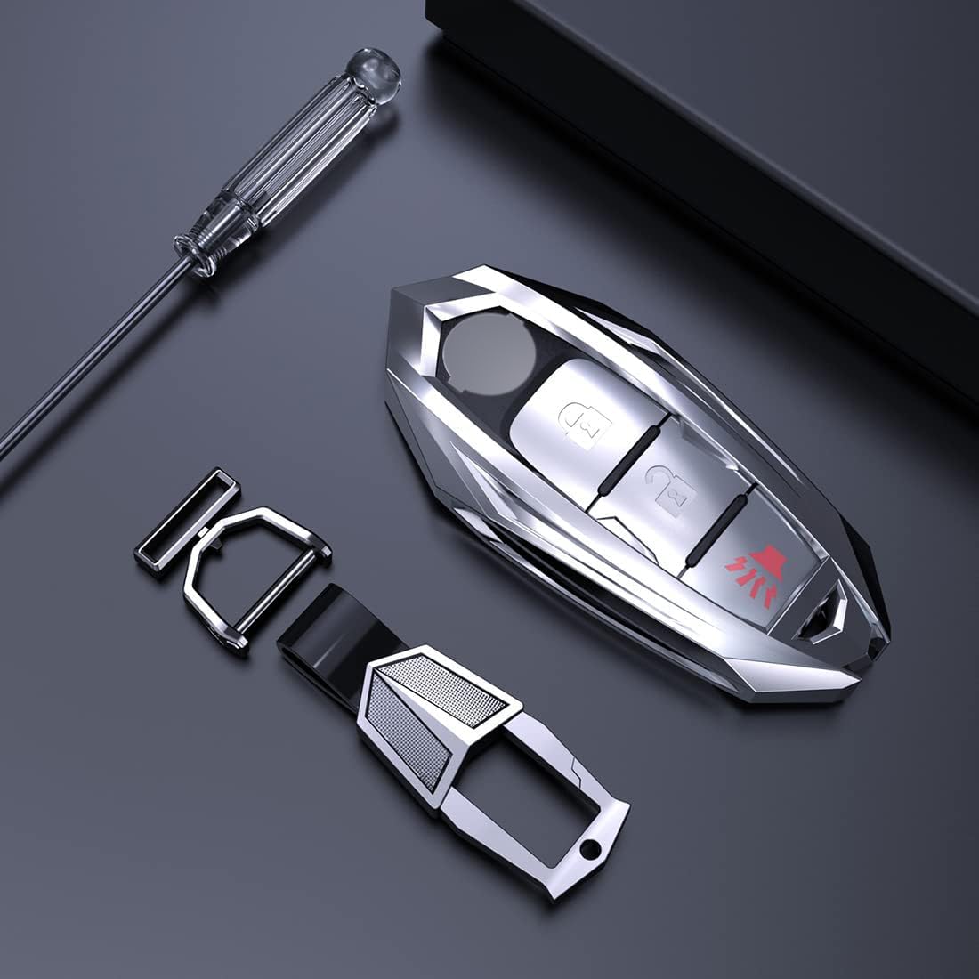 Zinc Alloy Smart Remote Key Fob Case Cover Holder for Nissan Altima Maxima Armada Rogue Leaf Sentra Pathfinder GT-R 350Z 370Z for Infiniti G25 G35 G37 Q40 Q60 Q70 Q80 with Keychain (Silver)