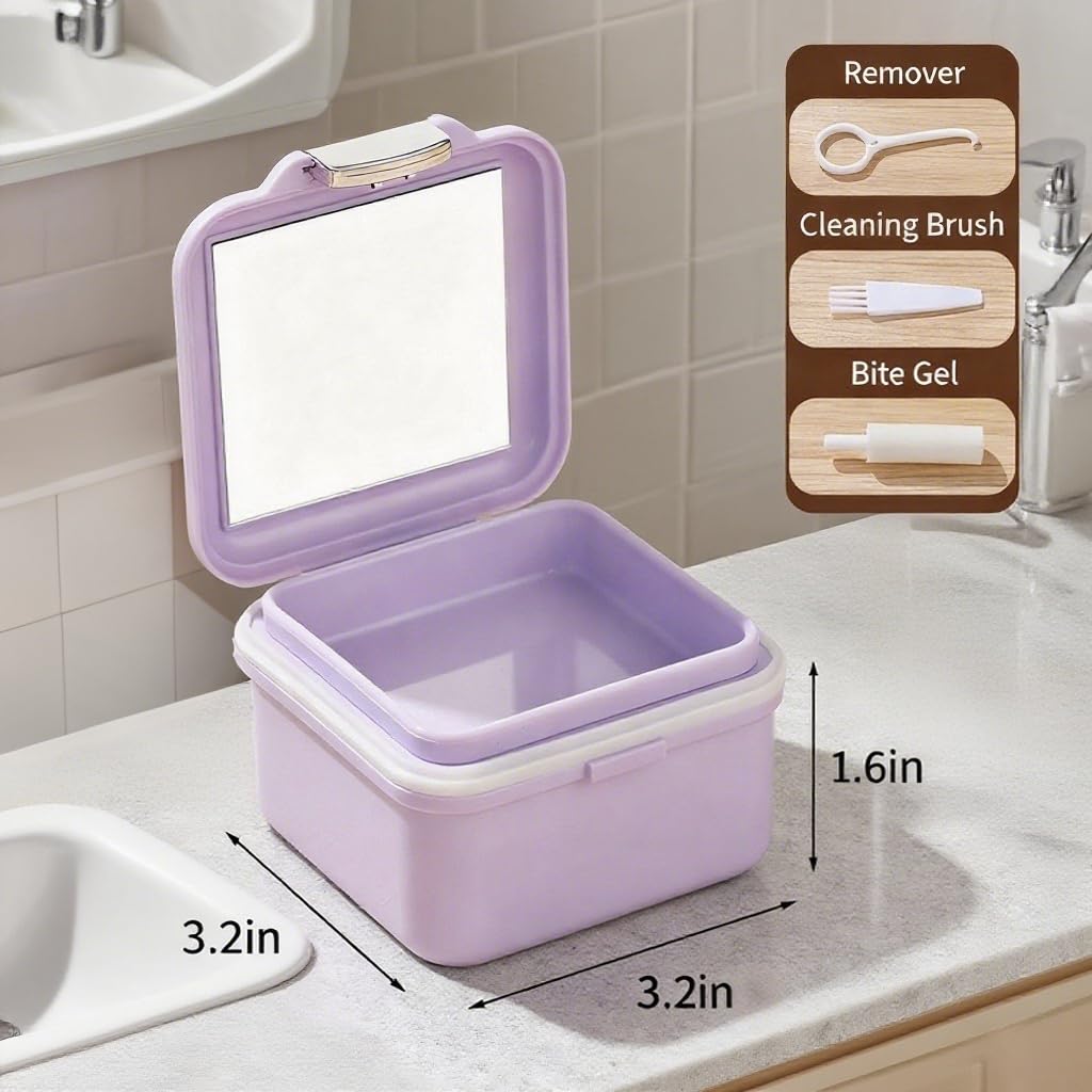 Denture Bath Case, Denture Soaking Container Denture Cup Soaking Holder Mouth Guard Denture Box Denture Baths Cleaning with Lid Retainer Case （Purple）