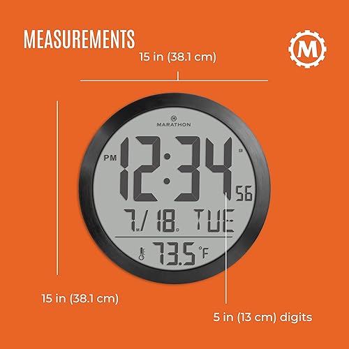 Miniatura 5 de MARATHON Reloj de pared digital redondo de 15 pulgadas, negro, grande, pantalla fácil de leer - AMPM o hora de 24 horas, ocho zonas horarias,