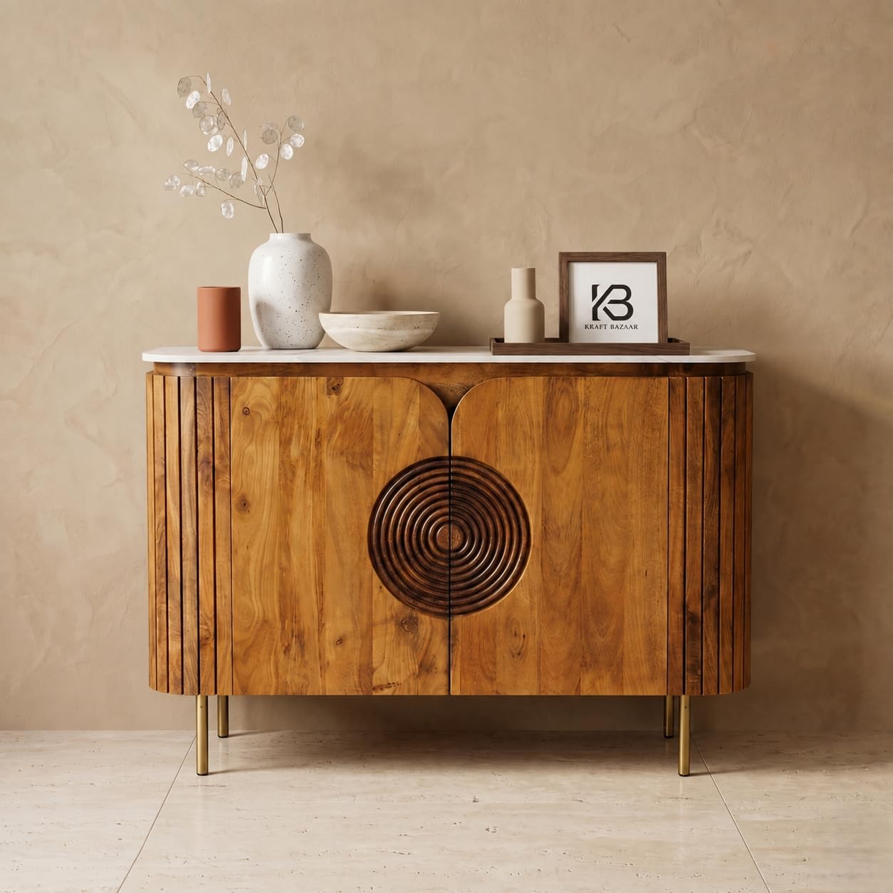 Solid Wood Mandala Sideboard Cabinet | Sintered Stone Top Sideboard for Living Room | Finish- Dark Teak Finish Lacquered-image-48