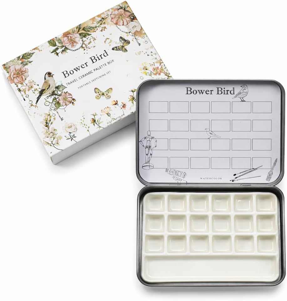 Bower Bird Travel Watercolor Palette,Portable Ceramic Palette 6 Well,Empty Paint Palette,Small Travel Metal Paint Boxwith Porcelain Palette (18-Well)