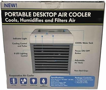 Portable Air Cooler, Air Conditioner, Evaporative Mini Air Cooler with 3 Speeds, 7 Colors. Desktop Cooling fan., 03349