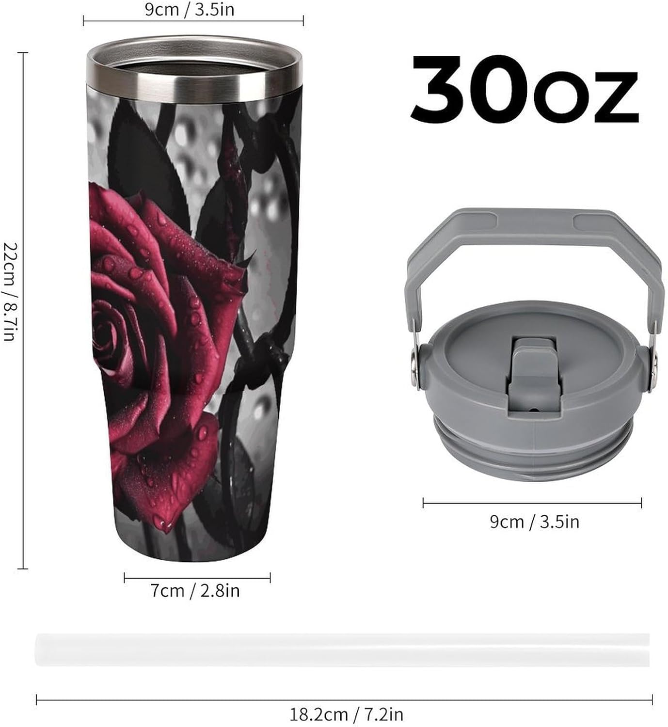 30oz Insulated Tumblers with Top Handle, Stainless Steel Gothic Roses Car Cup with Straw for Gift, Leak-Proof Double Wall Vacuum Travel Mug, Personalized Water Bottles White