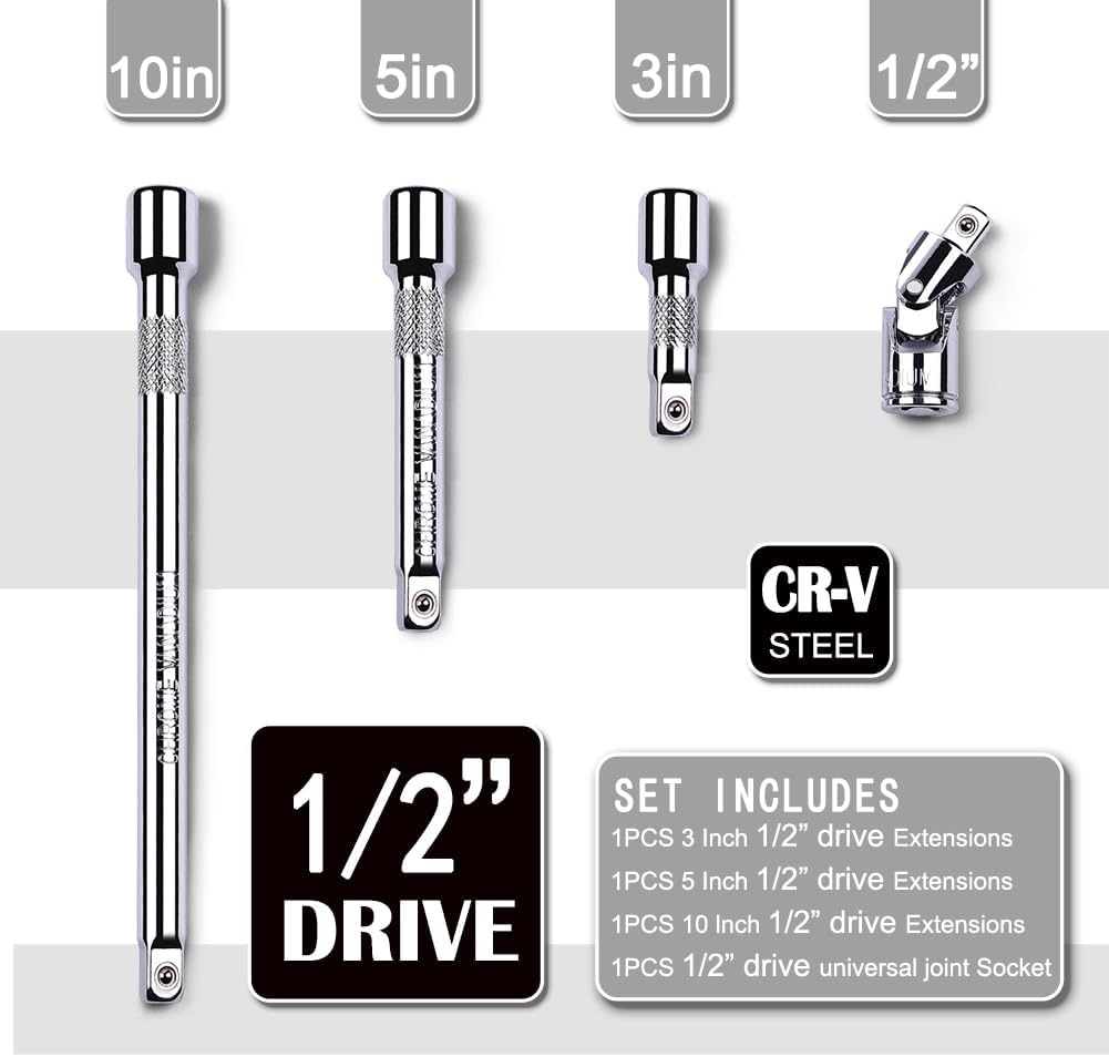 StrugDeas 4 Piece 1/2 Inch Drive Extension Bar Set, 1/2 Inch Drive Socket Extension Set Includes 3, 5, and 10 Inch Extensions and Universal Joint Socket