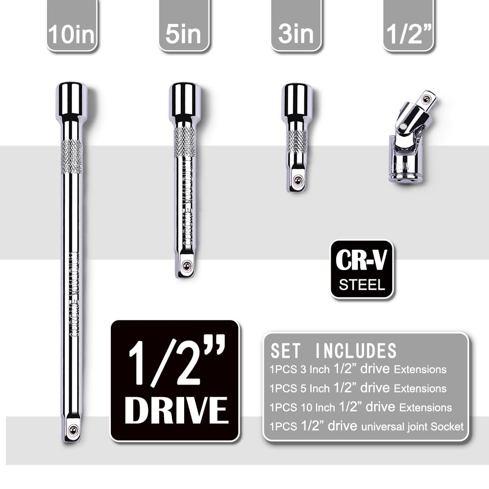 StrugDeas 4 Piece 1/2 Inch Drive Extension Bar Set, 1/2 Inch Drive Socket Extension Set Includes 3, 5, and 10 Inch Extensions and 1/2 Inch drive Universal Joint Socket