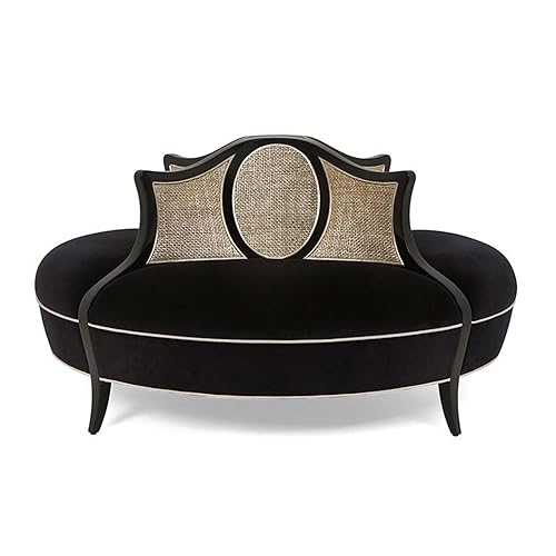 Luxury Round Velvet Sofa with Handwoven Rattan Backrest, Vintage French