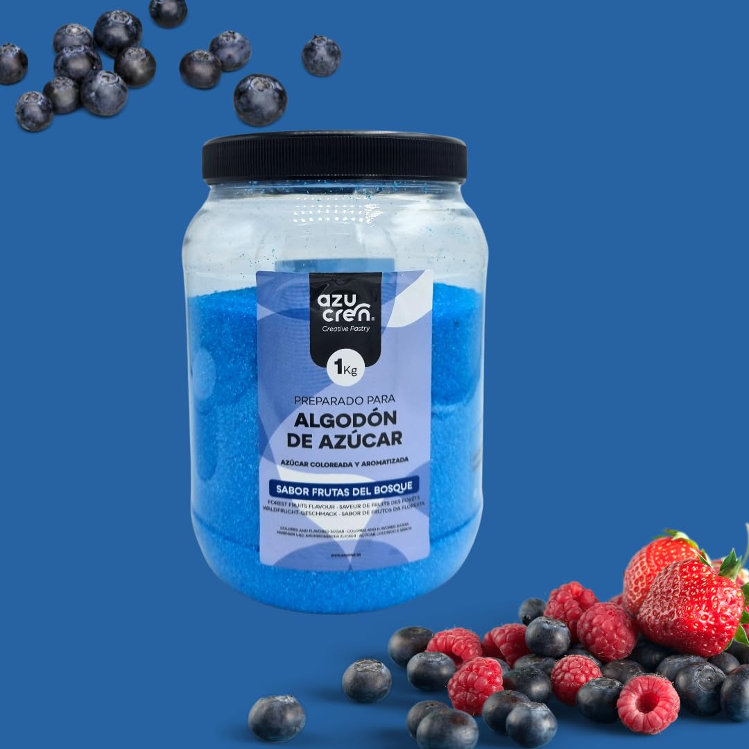 Azucren, Azúcar para Máquina Algodón, Sabor a Frutas del Bosque, Perfecto para Hacer Algodón de Azúcar, Cocteles divertidos, Torrijas y Muchas más Creaciones de Color Azul, 1 Kg